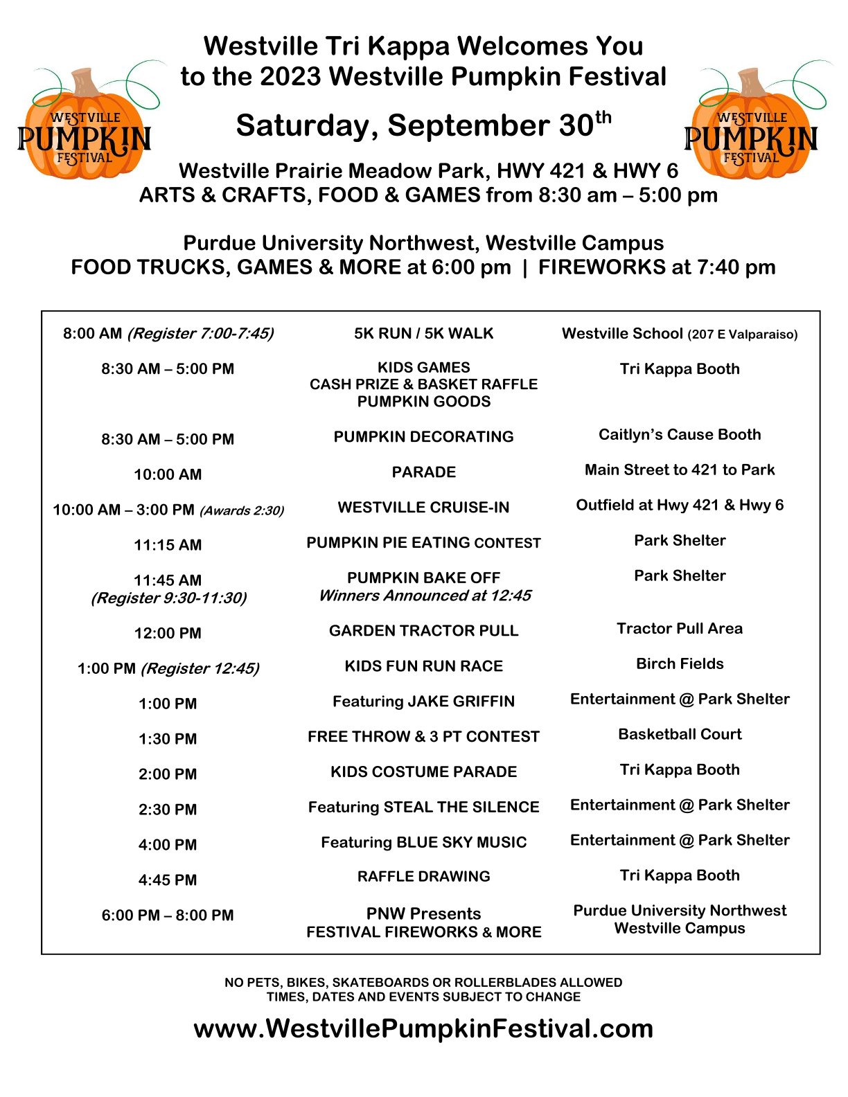 Westville Pumpkin Festival Saturday, Sep 30, 2023 from 830am to 8